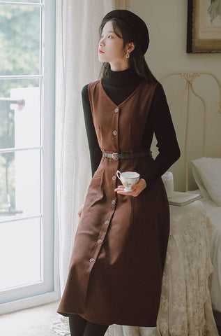 Button Up Suede Pinafore Dress