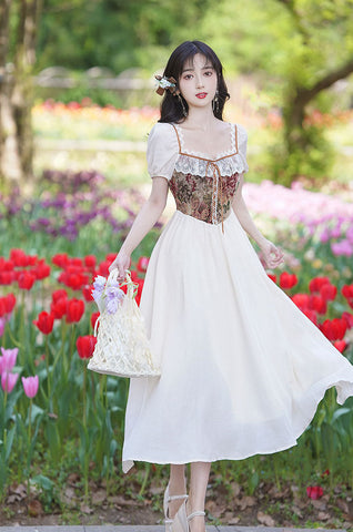 Vestido midi rústico floral campestre