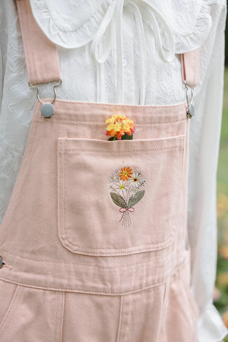 Flower Bouquet Embroidered Overalls