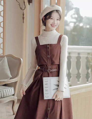 Suede Button Up Cami Pinafore Dress