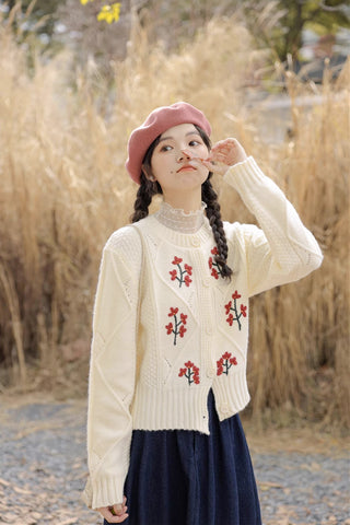 Ditsy Floral Embroidered Round Neck Cardigan