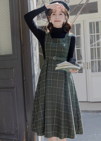 Belted Plaid Pinafore Dress