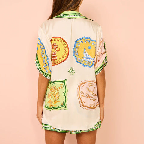 Unique Print Satin Shirt and Elastic Waist Shorts Set with