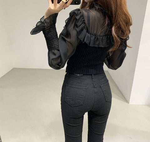 Ruffle High Neck Mixed Shirt