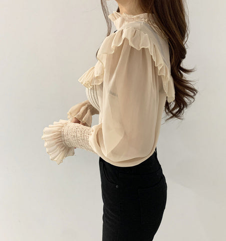 Ruffle High Neck Mixed Shirt
