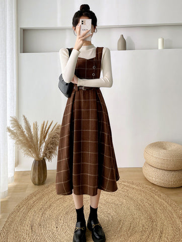 Plaid Pinafore Midi Dress