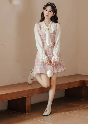 Tie Neck Tweed Mini Shift Dress