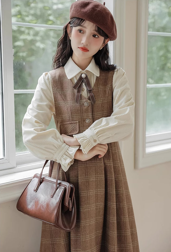 Acorn Plaid Midi Pinafore Dress