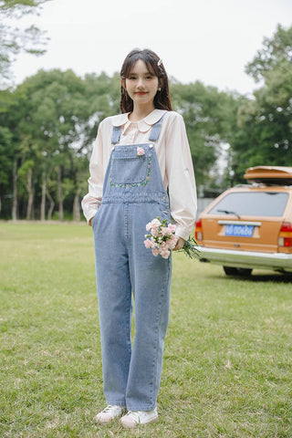 Retro Floral Embroidered Denim Overalls