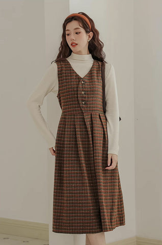 Fallen Leaves Plaid Pinafore Dress Set