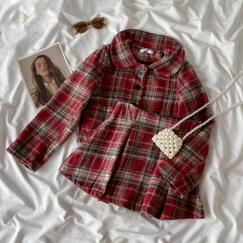 Berry Plaid Jacket & Skirt Set