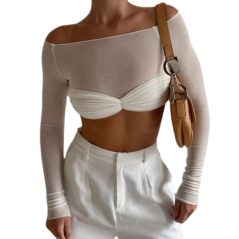 Ruched Off Shoulder Long Sleeve Crop Top