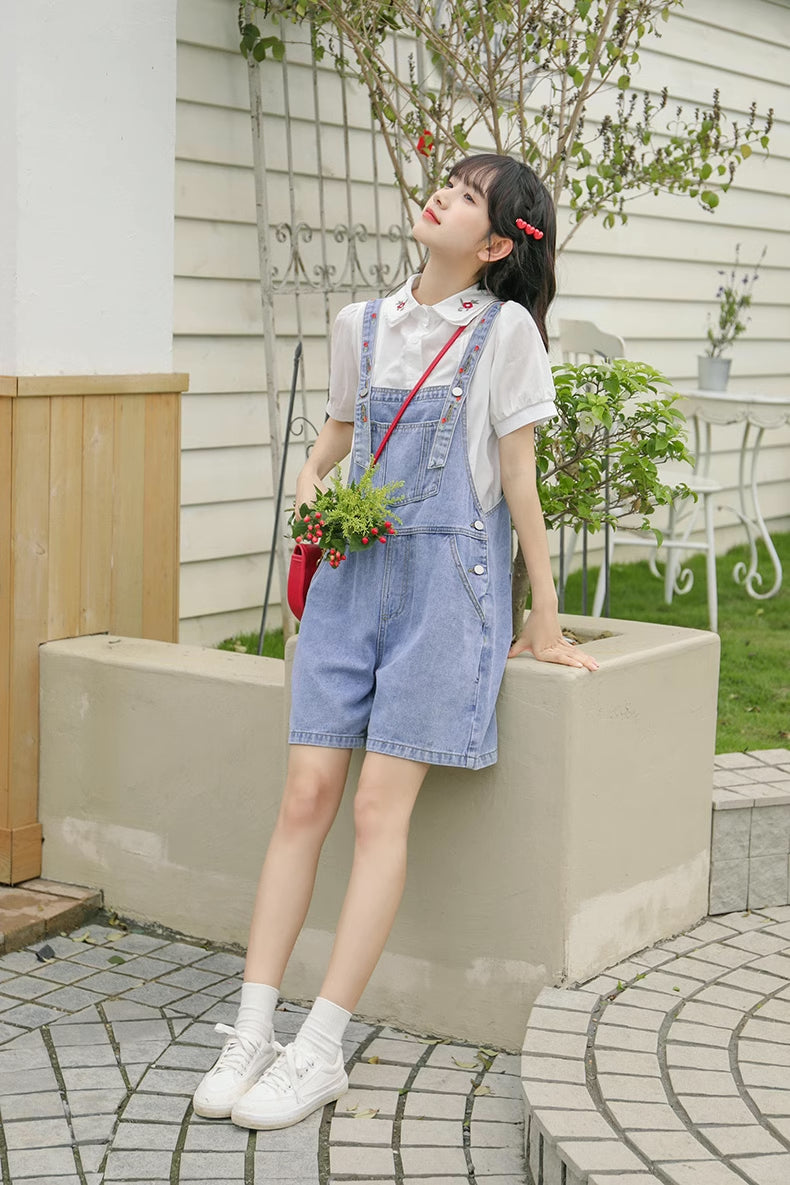 Rosy Days Embroidered Short Overalls