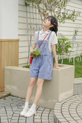Rosy Days Embroidered Short Overalls
