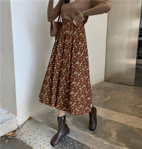 Raining Flowers Corduroy Midi Skirt