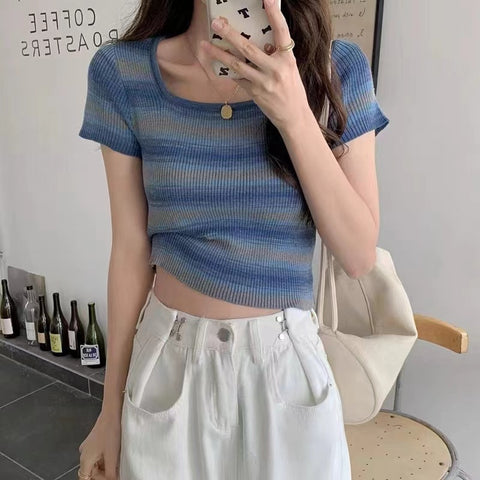 Color Block Striped Knit Crop Top