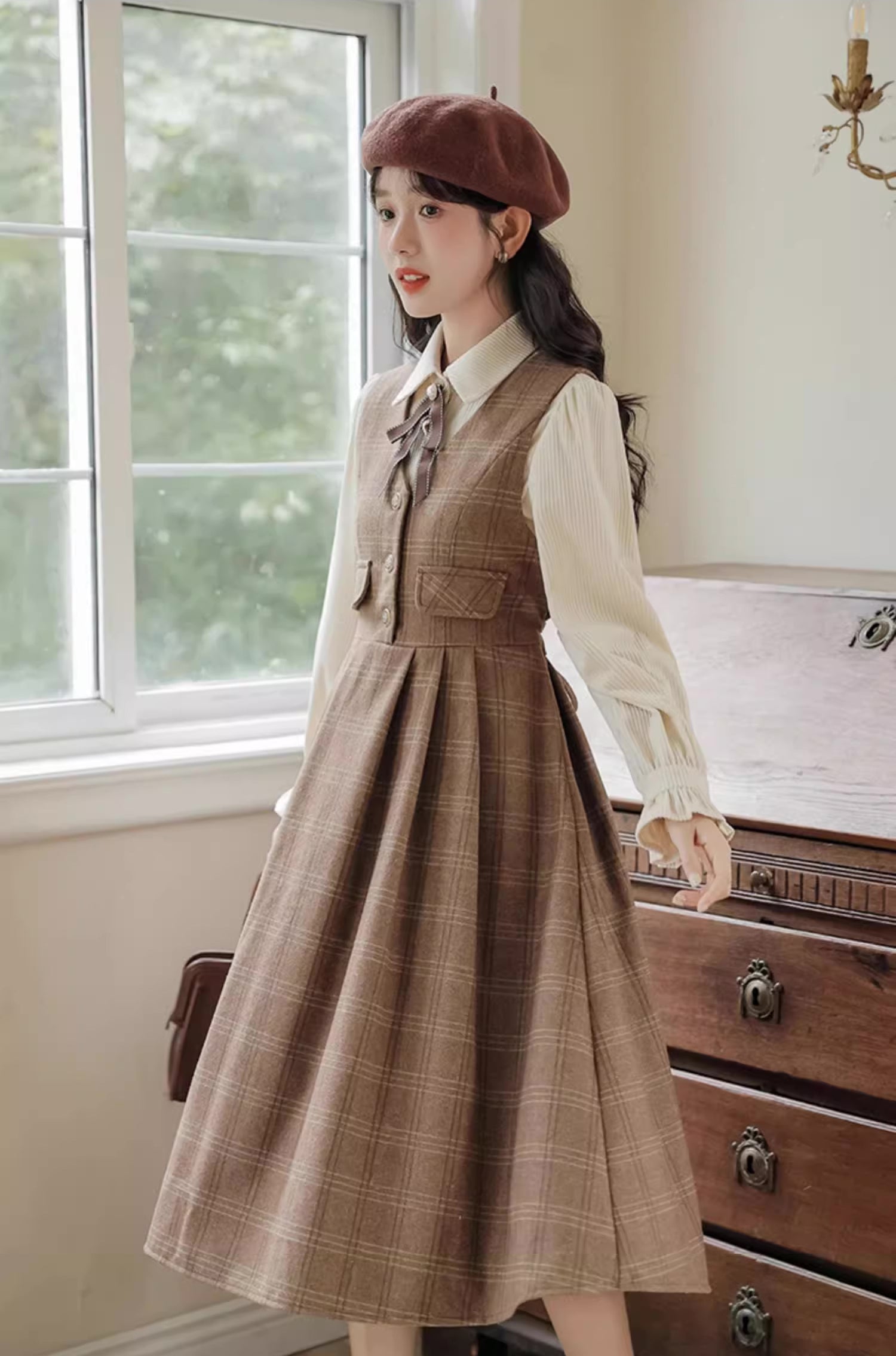 Acorn Plaid Midi-Latzkleid