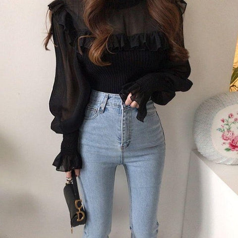 Ruffle High Neck Mixed Shirt