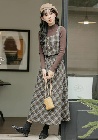 Mint Mocha Kariertes zweiteiliges Midi-Set