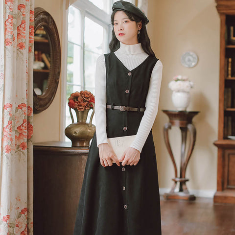 Button Up Suede Pinafore Dress