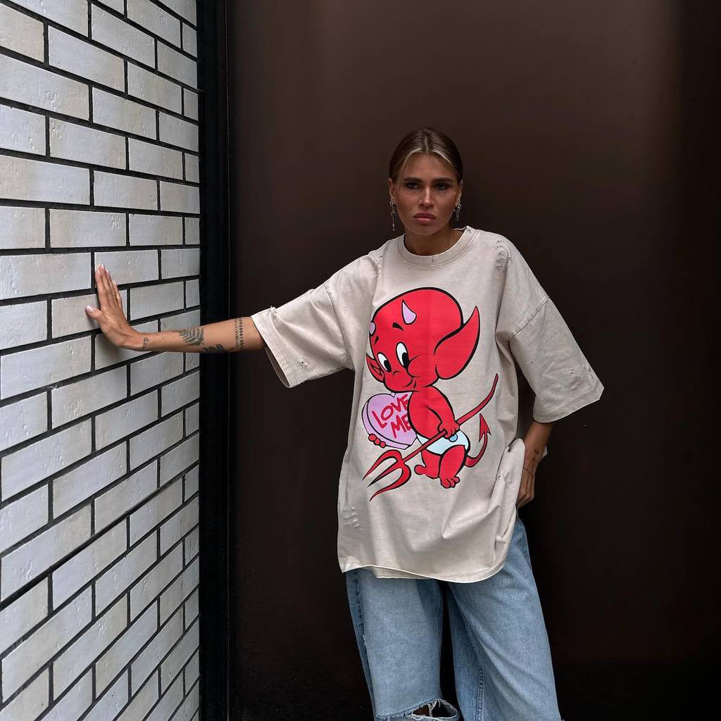 Loose Short-Sleeved Devil Print T-shirt