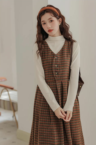 Fallen Leaves Plaid Pinafore Dress Set
