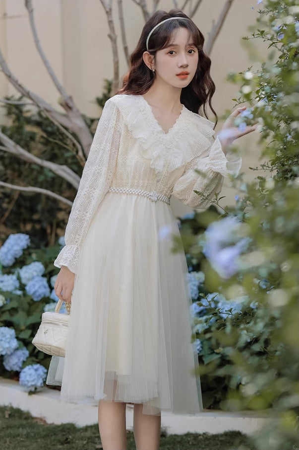 Midikleid aus Spitze und Tüll mit V-Ausschnitt