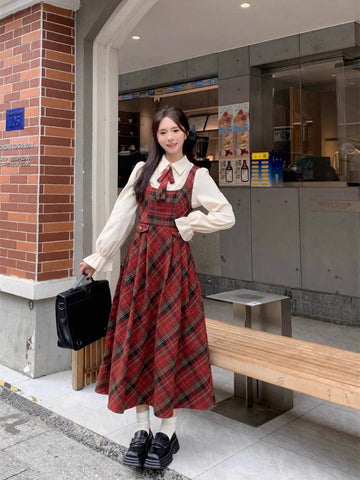 Merry Plaid Midi Pinafore Dress