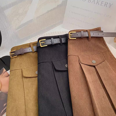Corduroy Belted Pleat Skirt