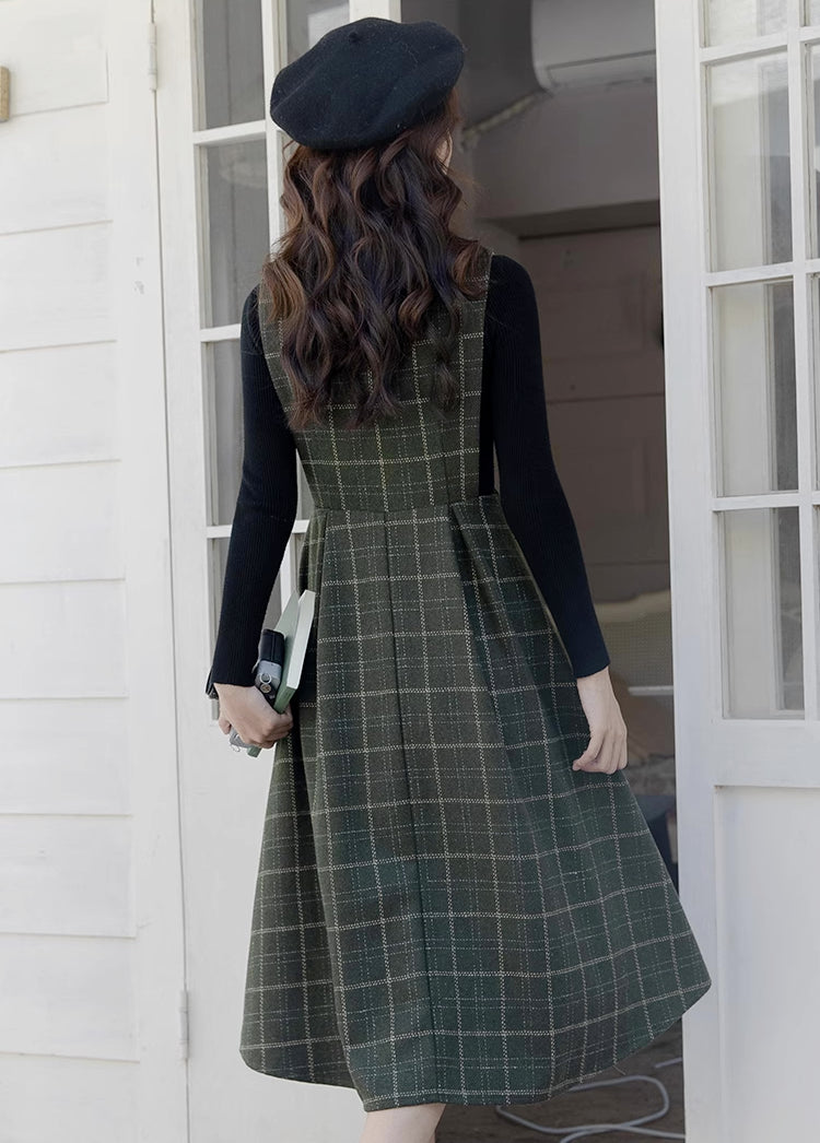 Belted Plaid Pinafore Dress