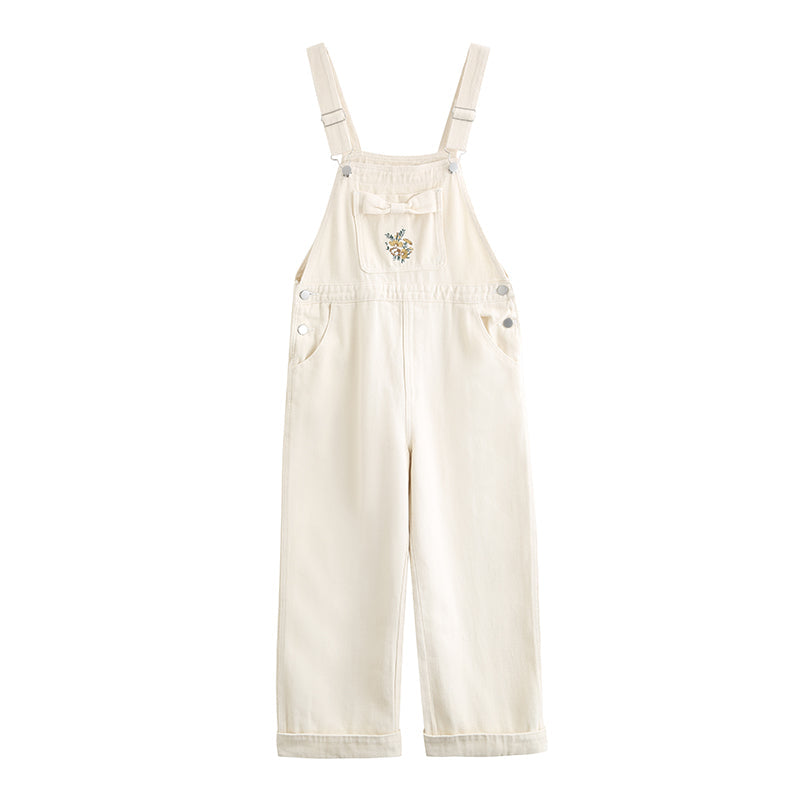 Bow Floral Embroidered Overalls