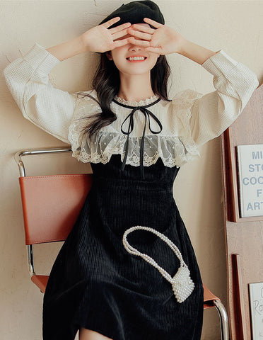 Square Lace High Neck Sweater Dress