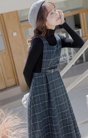 Belted Plaid Pinafore Dress