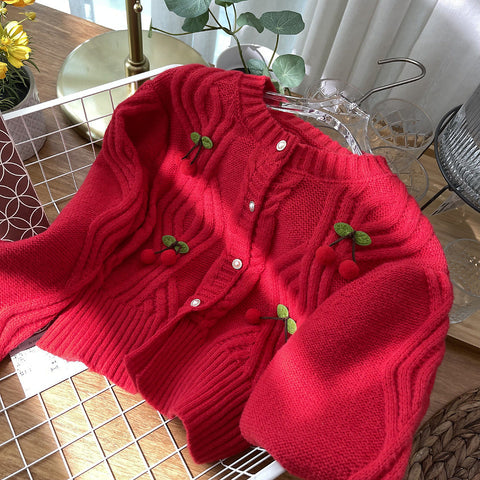 Cherry Pom Pom Cropped Cardigan