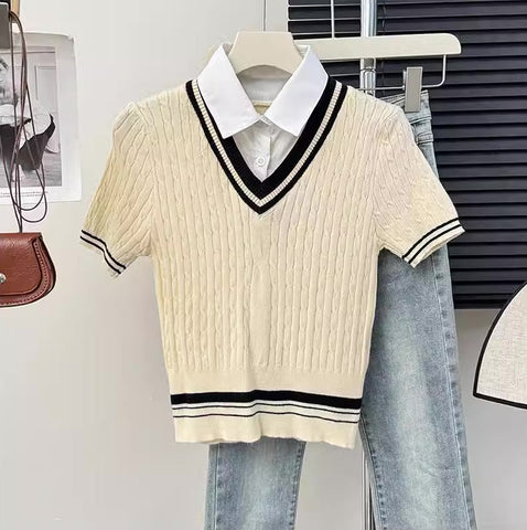 Knitted Polo Cropped Twofer Blouse