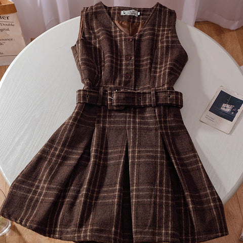 Coffee Plaid Pinafore Dress / Blouse