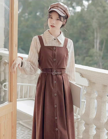 Suede Button Up Cami Pinafore Dress Set