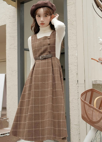 Belted Plaid Pinafore Dress