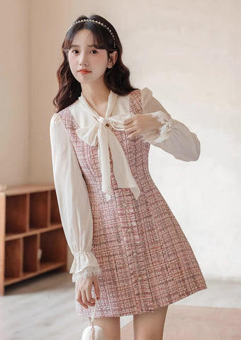 Tie Neck Tweed Mini Shift Dress