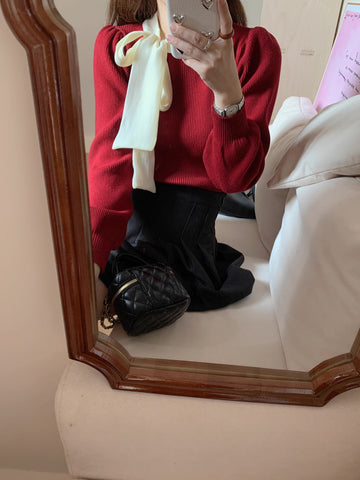 Pullover mit Puffärmeln und Bindekragen