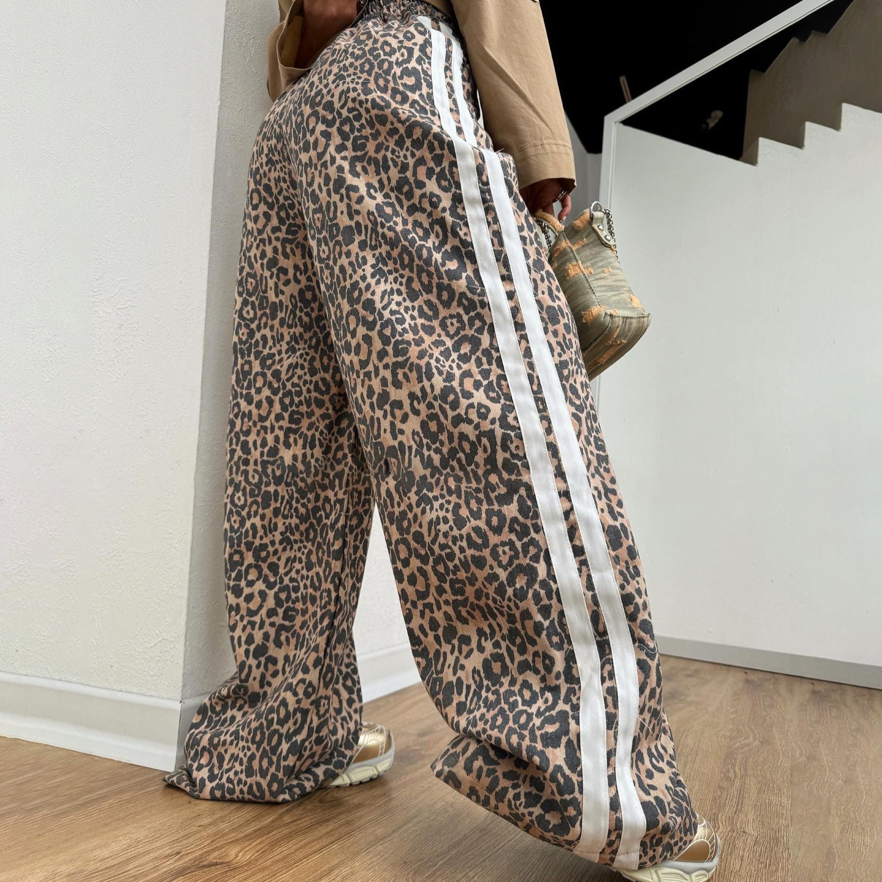 Leopard Print Striped Loose Wide-leg Trousers