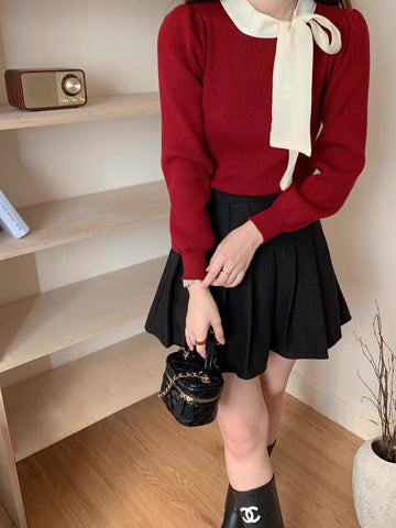 Pullover mit Puffärmeln und Bindekragen
