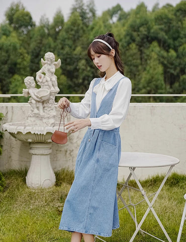 Button Denim Midi Pinafore Dress