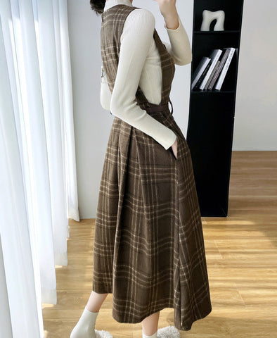 Coffee Plaid Midi Pinafore Dress