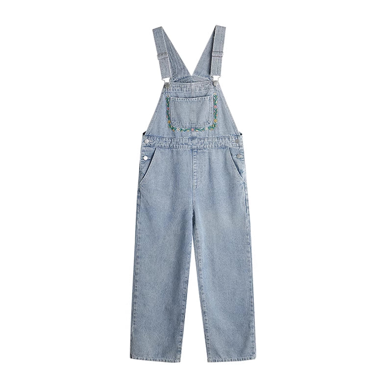 Retro Floral Embroidered Denim Overalls