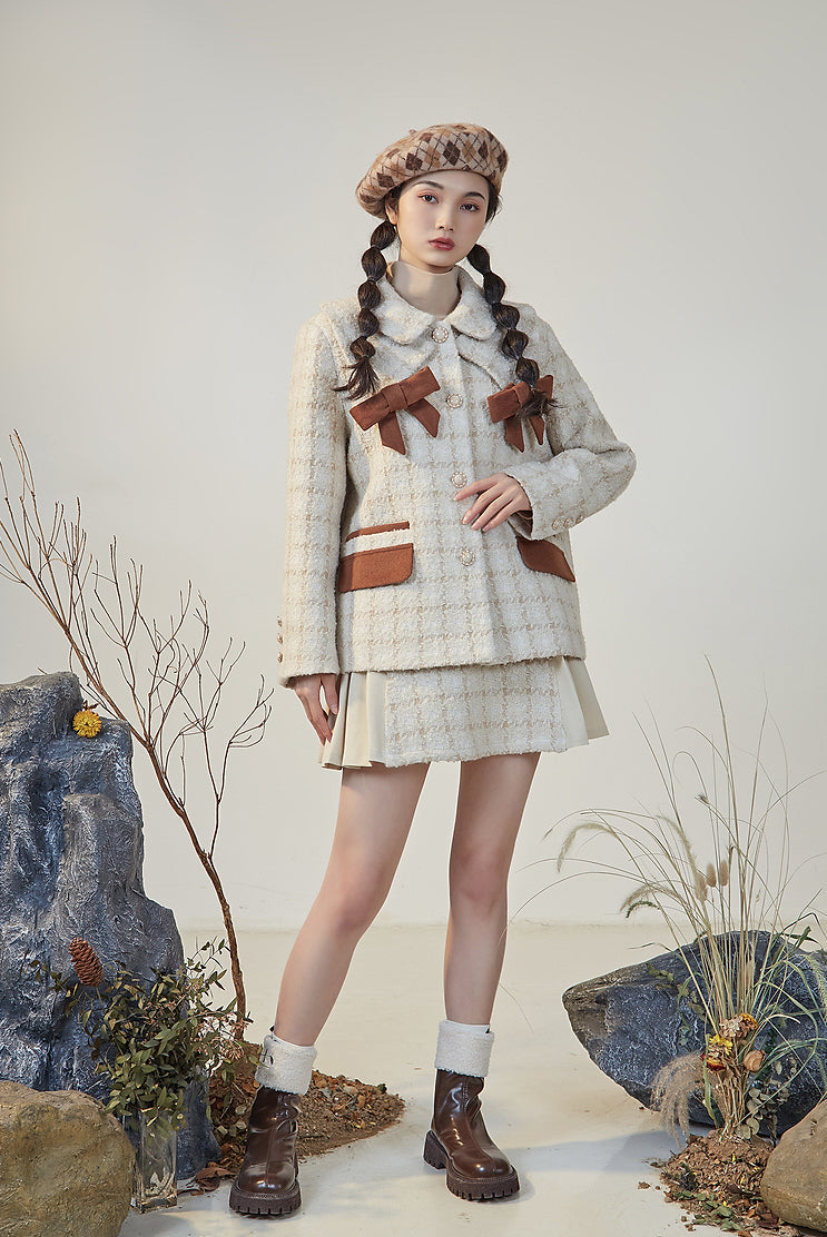 Latte Plaid Tweed Jacket / Skirt