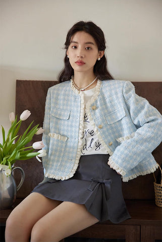 Gingham Lace Trim Tweed Jacket