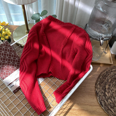 Cherry Pom Pom Cropped Cardigan