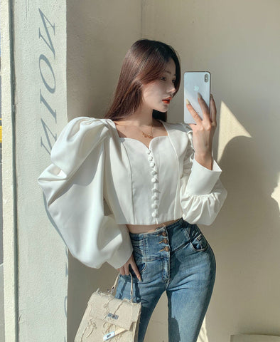 Puff Sleeve Sweetheart Button Up Blouse