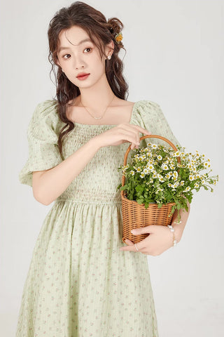 Vestido midi con mangas abullonadas y estampado floral de menta